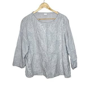 Poetry Embroidered Linen Top Womens Size 14 Gray Lagenlook Wearable Art Coastal